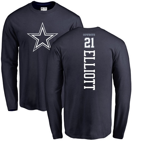 Men Dallas Cowboys Navy Blue Ezekiel Elliott Backer #21 Long Sleeve Nike NFL T Shirt
